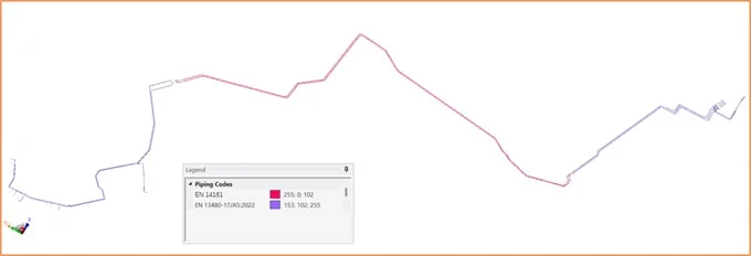 Pipeline route with code boundaries: EN 14161 line and EN 13480 station piping.