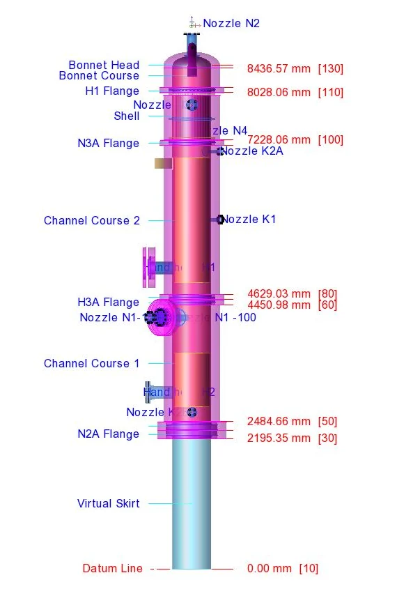 Vertical TEMA shell-and-tube exchanger on skirt: courses, body flanges and nozzles with elevations.