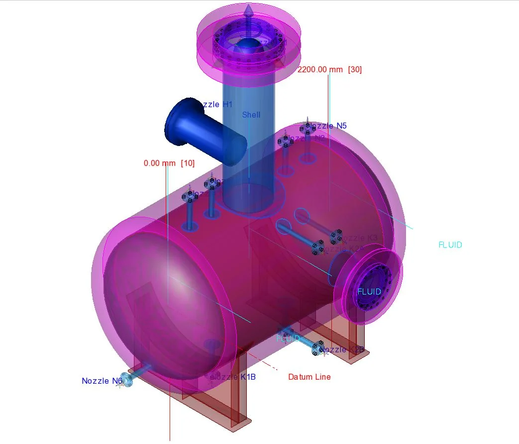 Horizontal pressure vessel to ASME VIII Div. 1 on steel saddles, with top boot, manway and nozzles.